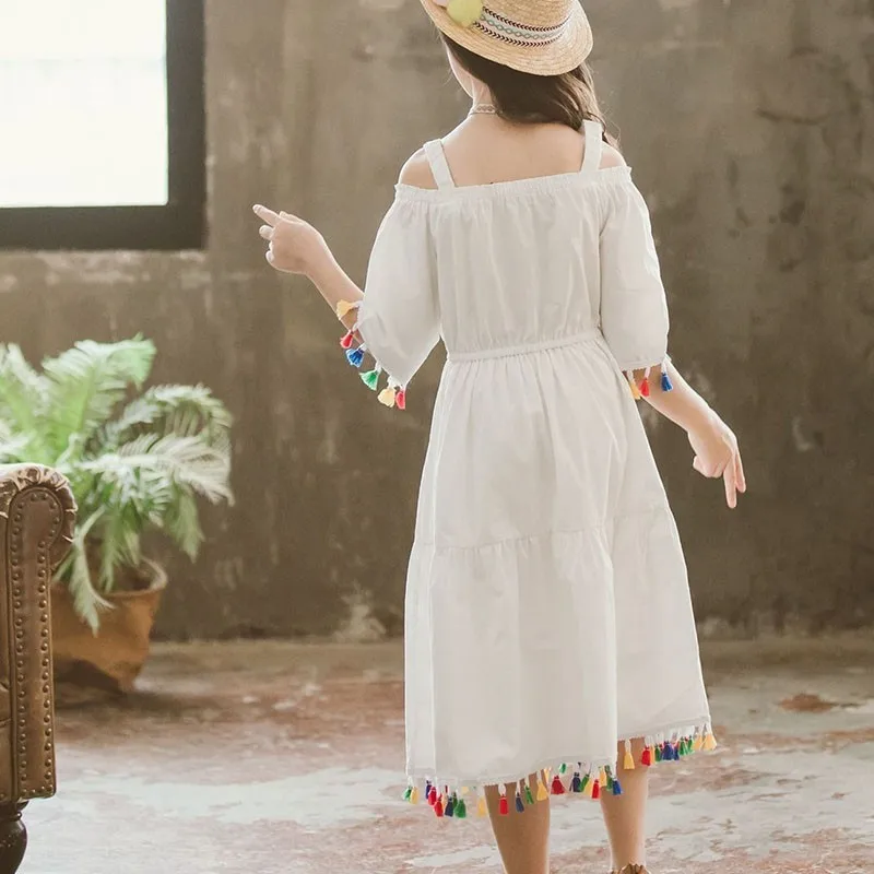 Tassel Teenage Girls Dress Kids Formal Wear Princess 100% Cotton Summer Beach Dresses Maxi Long White Yellow 2019 | Детская одежда и