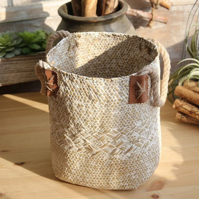 Promotion! Foldable Natural Woven Seagrass Belly Storage Basket Flower Pot Folding Weaving Dirty Garment Fruit B | Дом и сад