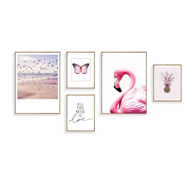 Decoracion Nordica розового цвета с бабочками плакат Фламинго ананас небо птицы Wall Art