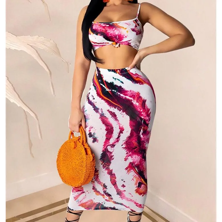2019 New Women Floral Print Sexy 2 Piece Set Summer Crop Top Midi Skirts Casual Suit Sleeveless Skinny Outfit | Женская одежда