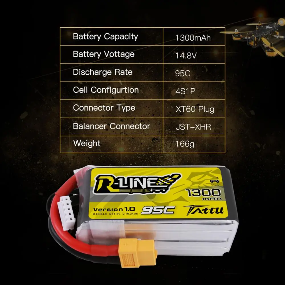 Гоночный аккумулятор Tattu 95C 14 8 V 1300mAh Lipo 4S XT60 разъем для FPV гоночного дрона RC