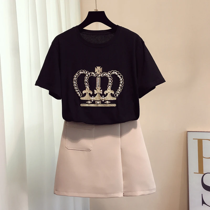 Летняя хлопковая Футболка с вышивкой короны и коротким рукавом Свободный Топ