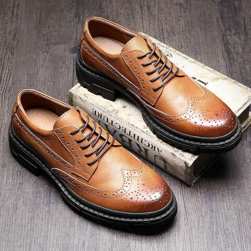 US Size British Style Carving Oxfords Man Thick Heel 4cm Genuine Leather Brogue Shoes Business Hight End Trendy | Обувь