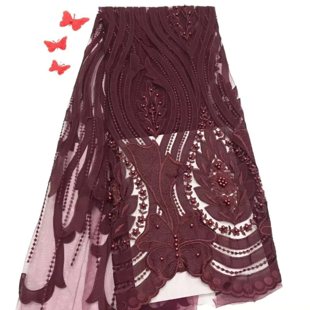 

Африканская кружевная ткань 2019, высокое качество, французское Тюлевое кружево, вышитые бисером, швейцарский гипюр, бордовый винный нигерий...