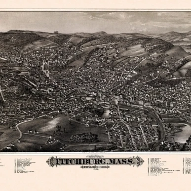 Винтажная карта фичбурга Массачусетс 1882 Worcester County постер печать (18x24)|Таблички и
