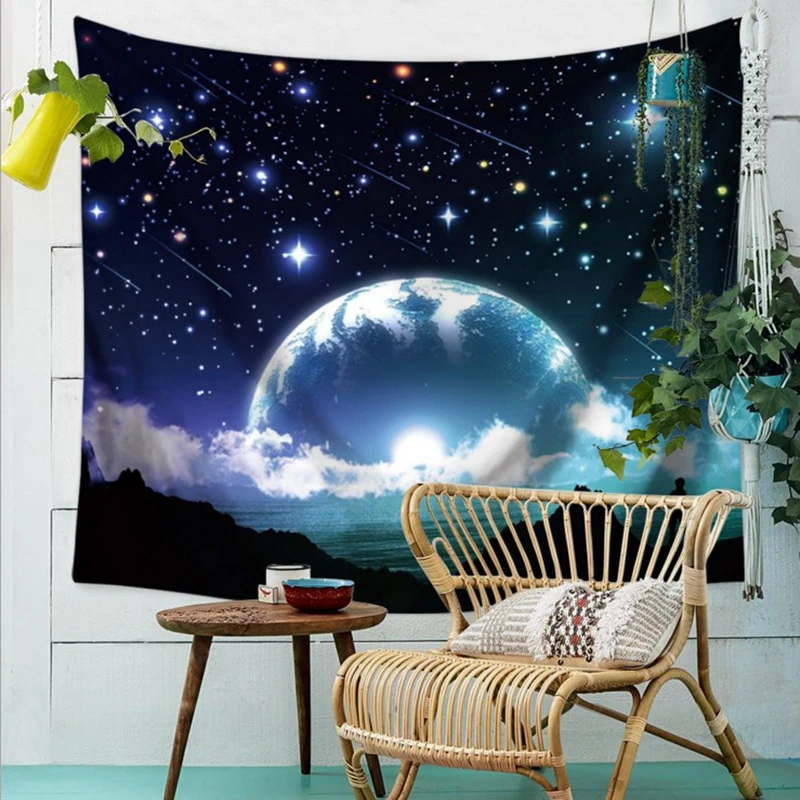 Fancy Sight Printed Cartoon Moon Cosmos Explore Polyester Tapestry Bedroom Wall Hanging Gobelin Bedding Cover Home Decor | Дом и сад