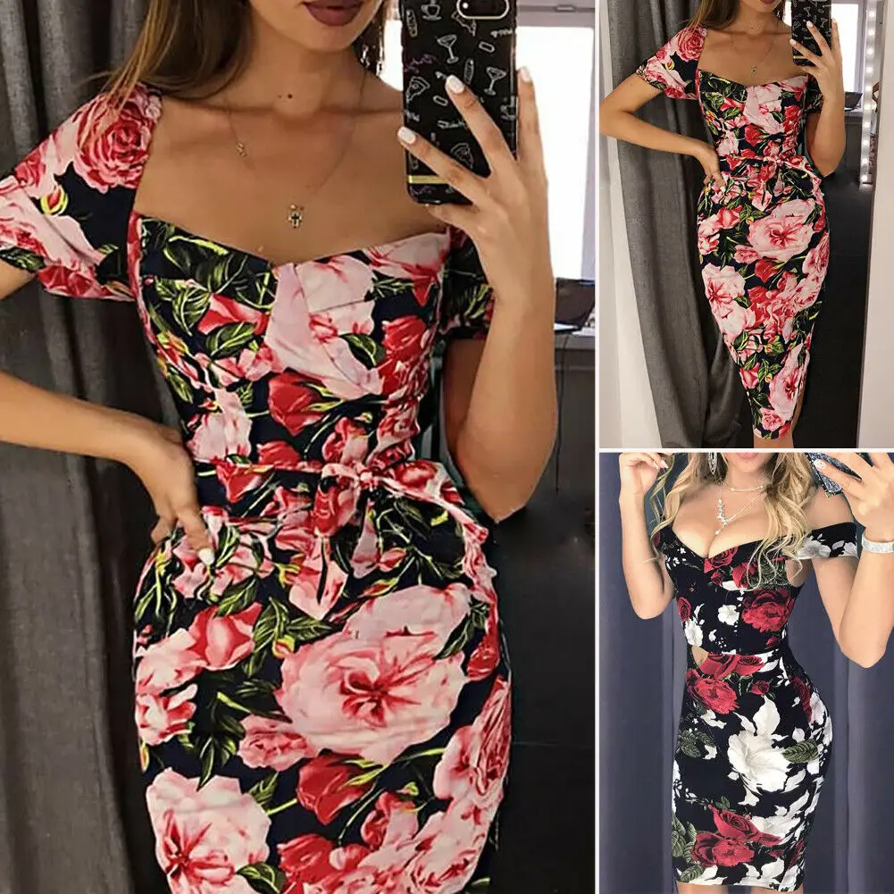 Женское платье карандаш с цветочным принтом облегающее вечернее мини коротким