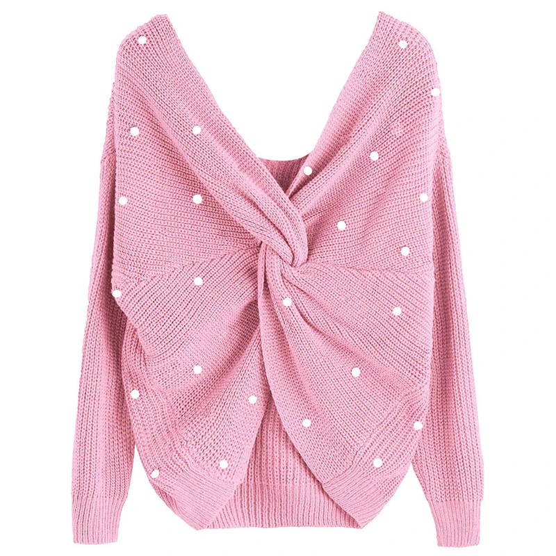 IANLAN New Spring Autumn Womens Loose Off-shoulder Sweater Pullover Criss-cross Back Solid Knitwear Pearl Decoration IL00389 | Женская