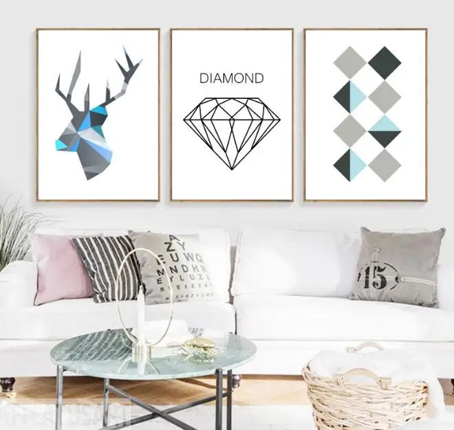 3 шт. геометрический олень алмаз настенная живопись холст скандинавские постеры