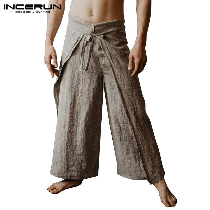 

INCERUN 2020 Mens Thai Fisherman Pants Wraps Solid Joggers Vintage Women Yoga-pants Loose Lace Up Wide Leg Massage Trousers Men