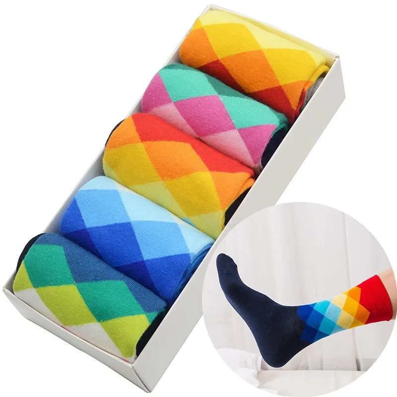 Rhombus градиентные мужские носки 5 пар/уп. цветные Harajuku хлопковые длинные зимние
