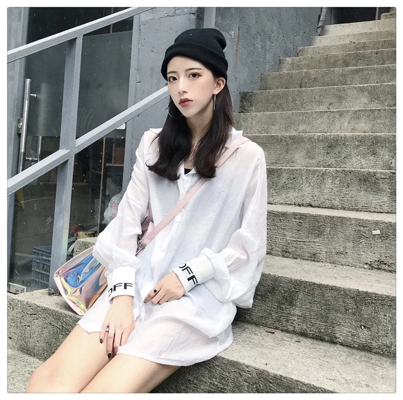 korean fashion new women long sleeve shirts Casual letter chic Button spring autumn hipster tops loose plus size clothes white |