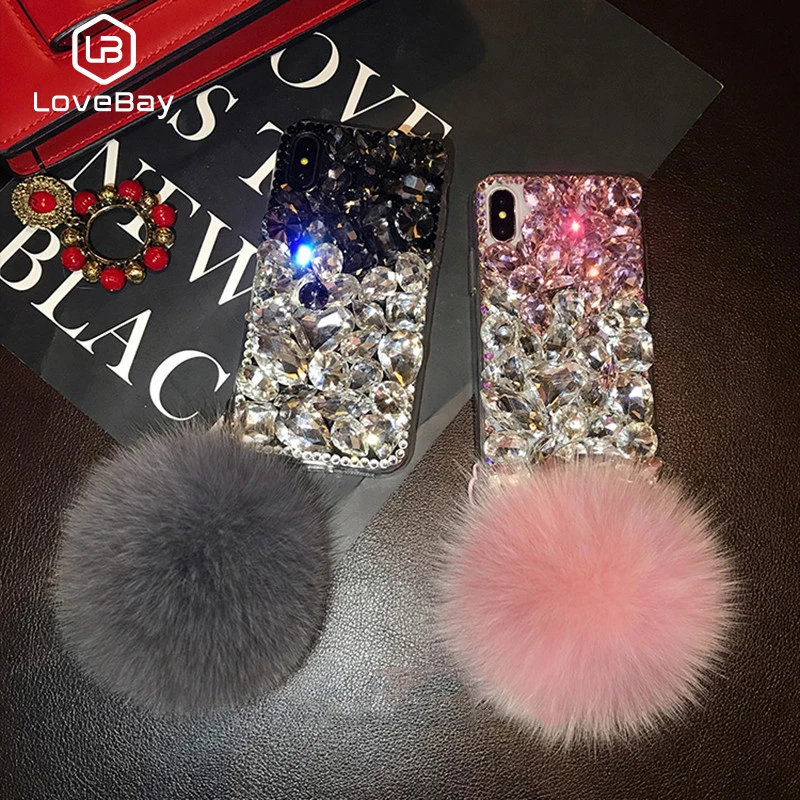 Lovebay Luxury Woman Shiny Case With Shell Hair Ball For iPhone X 8 7 6 6S Plus XR XS MAX Mobile Phone Holder Diamond Stone Capa |