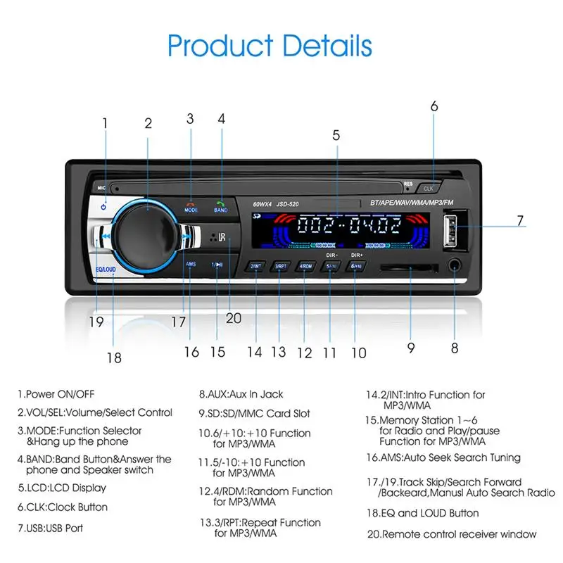Автомагнитола 12 В Bluetooth 1 Din FM Aux SD USB MP3 MMC WMA|Автомобильные радиоприемники| |