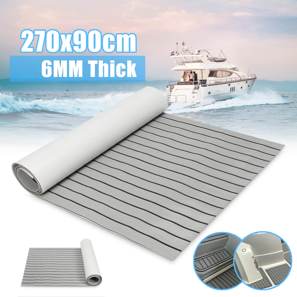 270x90cm EVA Foam Faux Teak Decking Sheet Marine Boat 35" X 95" 6mm Thick Yacht Self-Adhesive Mat Grey with Black seam-line