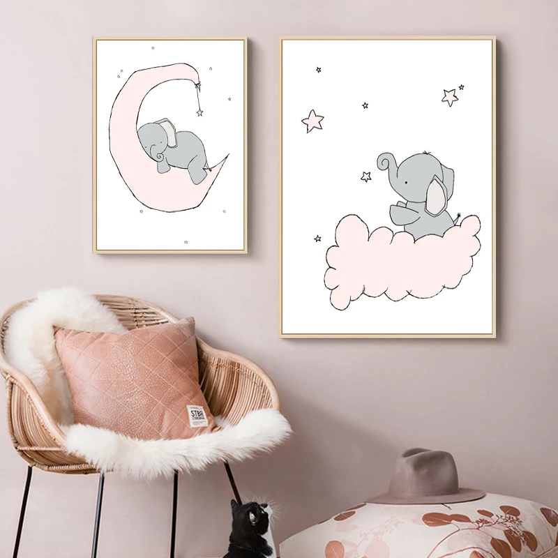 Baby Nursery Wall Art Canvas Painting Animal Nordic Posters Prints Elephant Moon and Stars Pictures Kids Girls Room Decor | Дом и сад