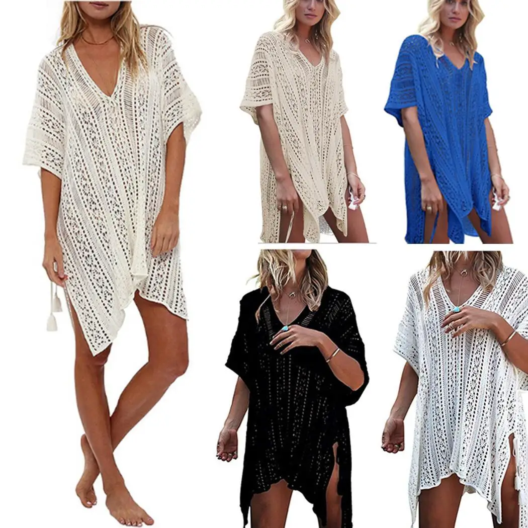 Women Casual Hollow V Neck Short Sleeve Knit Out Solid All Seasons Blouse Beach Cover Long Up |