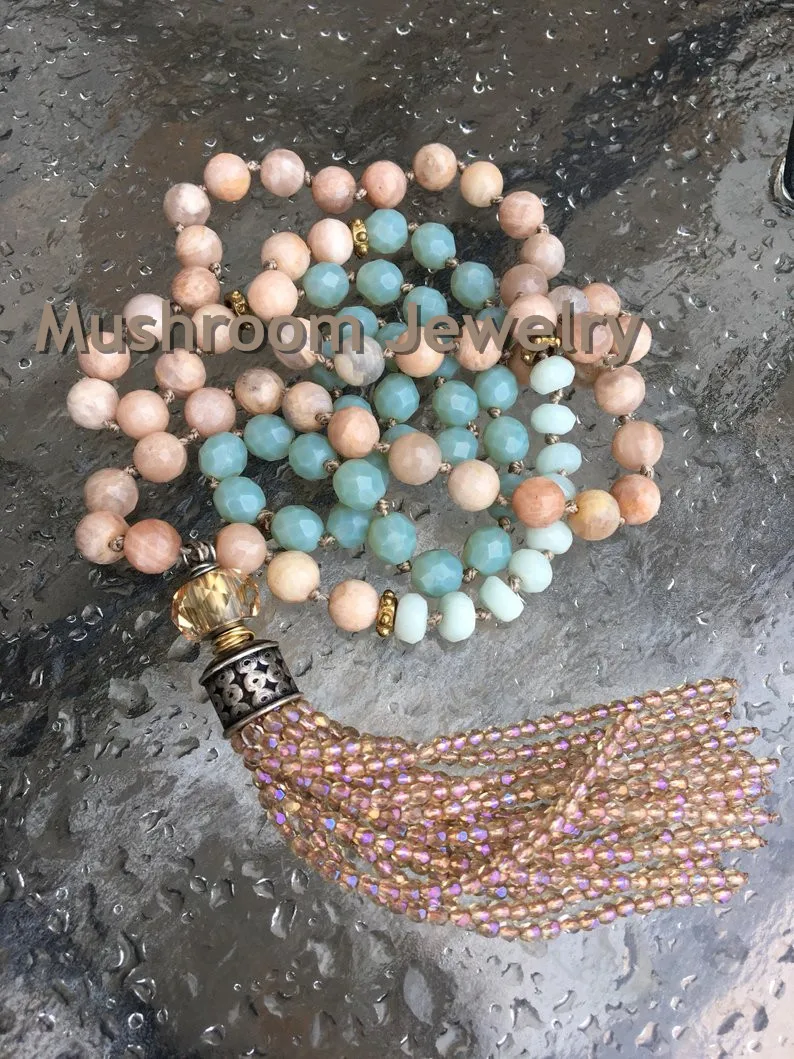 

faceted Sunstones gemstone beads Roundel Amazonite Necklace Knot small Crystal Beads Necklace