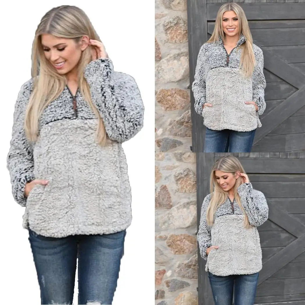 Women Fashion Pullovers Contrast Color Zipper Casual Patchwork Fall and Winter Thick Relaxed Plush Sweater | Женская одежда