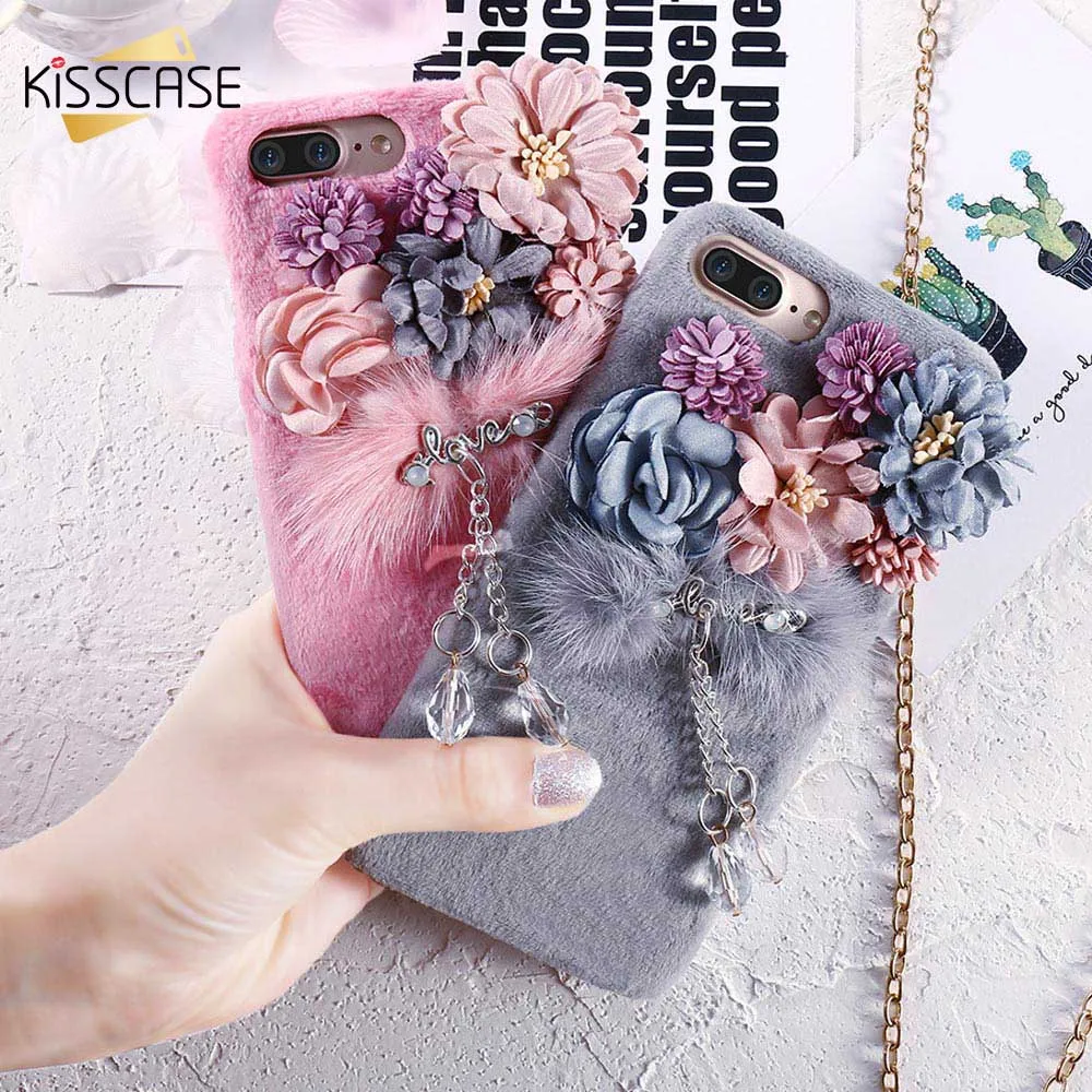 KISSCASE цветочный плюшевый чехол для iPhone 6s 6 7 8 Роскошные шикарные чехлы из меха