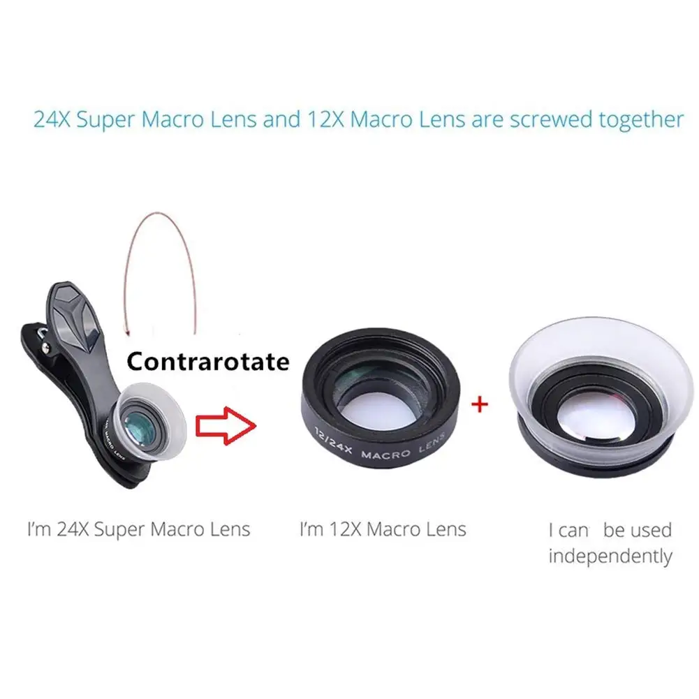 Apexel Elastic clip 2 in 1 Cell Phone Camera Lens Kit 12X/24X Macro Lenses For iPhone Samsung Huawei LG Xiaomi Sony Nok | Мобильные