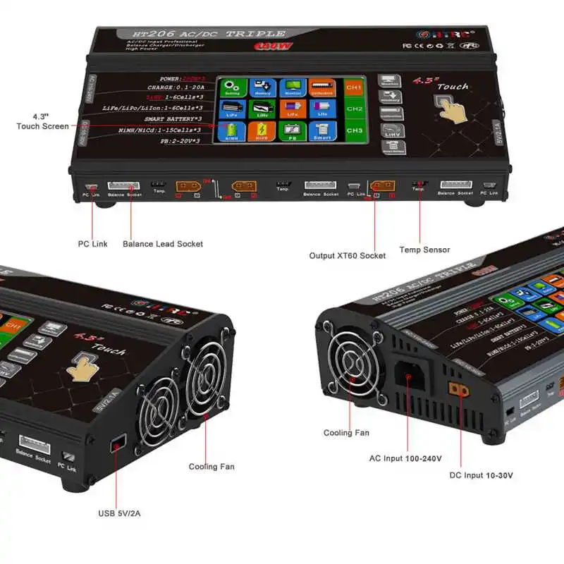 Новое поступление HTRC HT206 TRI AC/DC 3X200 Вт 3X20A 4 3-дюймовый сенсорный ЖК-экран зарядное
