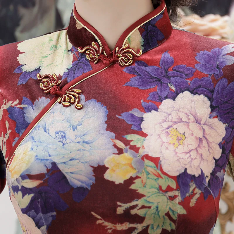 4XL бархатные Длинные платья Qi Pao Китай пион узор Осень зимний чеонгам длинные