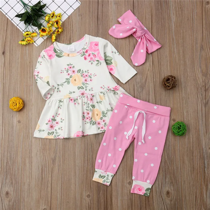 

Toddler Baby Girls Floral Suits Flower Printed Tops Dress Pants Leggings Headband Outfits Casual Clothes Set