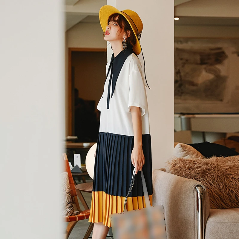 2019 Summer New Contrast Color Patchwork Pleated Hem Dress For Women Fashion Half Sleeve Turn Down Collar Cloth W475 |