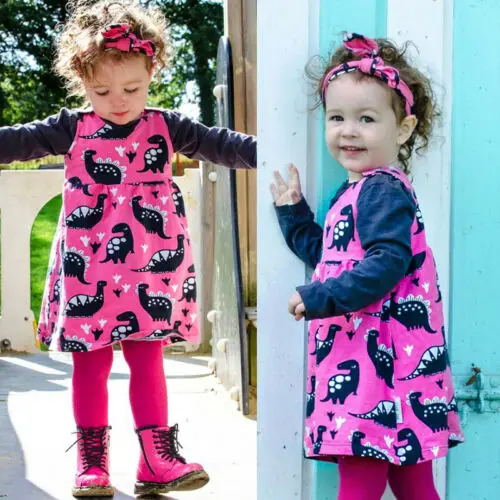 Summer New Cotton Dinosaur Printed Newborn Kids Baby Girl Dress Sleeveless Sundress Headband Casual Clothes | Детская одежда и
