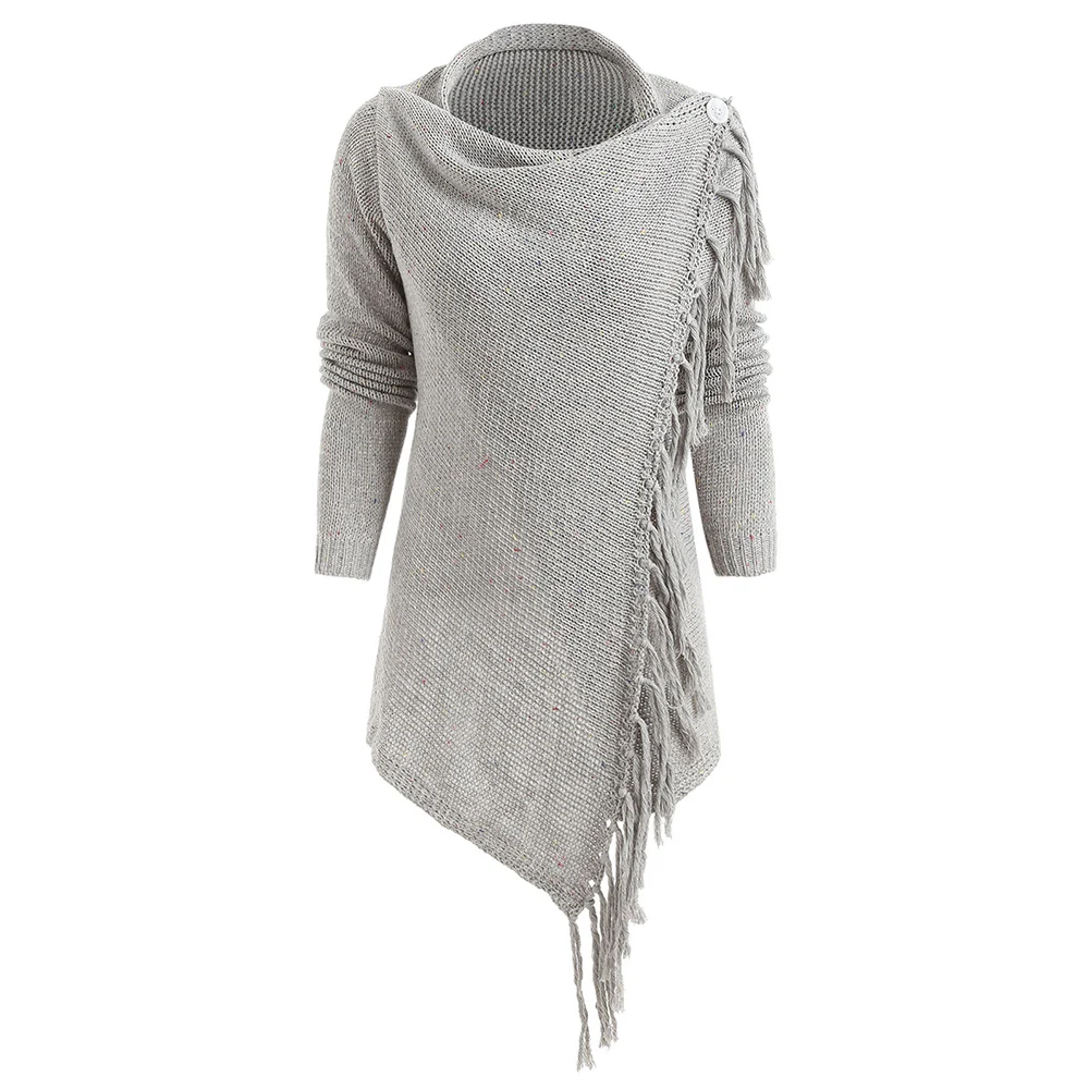 AZULINA Knitted Cardigan Women Asymmetrical Fringed Long Sleeve 2018 Autumn Casual Solid Color Gray Wrap Cadigans Female Clothes |
