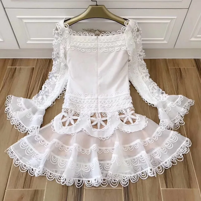 2019 Spring Designer Dress Women's Long Sleeve Flower Square Collar Cute Princess Appliques Embroidery Cutout Clothes | Женская