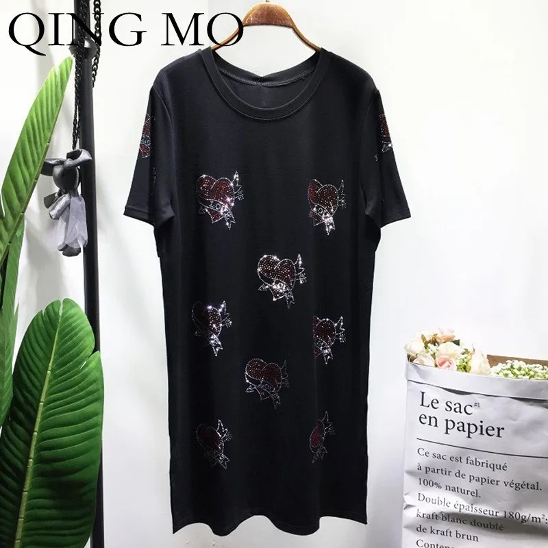 Платье-футболка QING MO черное платье с коротким рукавом и сердечком | Женская