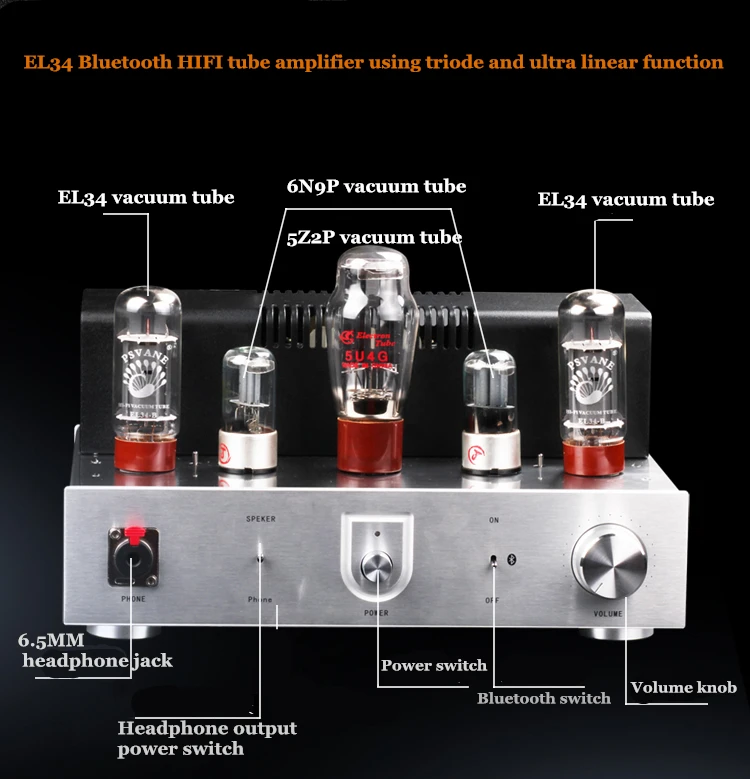 

TIANCOOLKEI EL34 8w+8w Vacuum tube single-ended amplifier with Bluetooth 4.0 and Audio headphone amplifier
