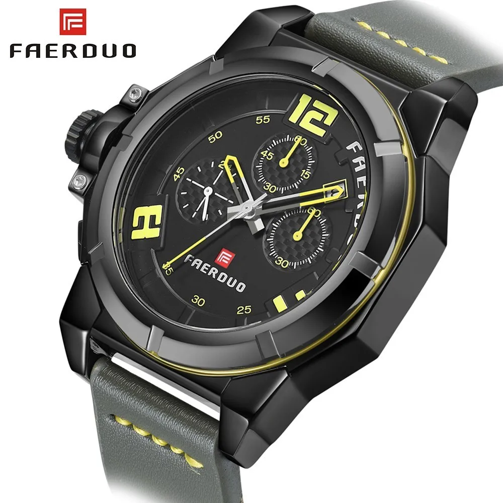 FAERDUO, большие часы для мужчин, спортивные, серые, мужские часы, водонепроницаемые, натуральная кожа, хронограф, часы для мужчин, роскошный бренд, Relogio Masculino