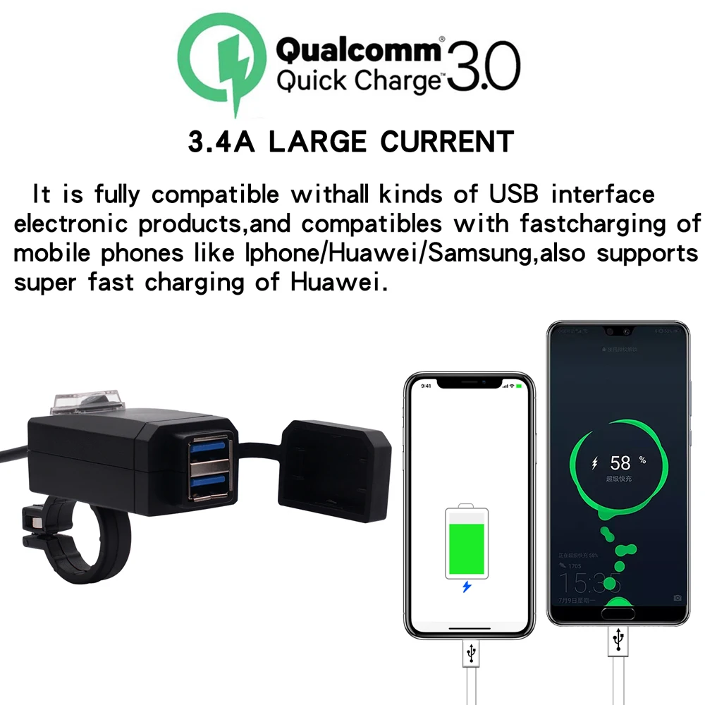 Универсальное зарядное устройство 3.0qc USB для мотоцикла двойной usb адаптер быстрой