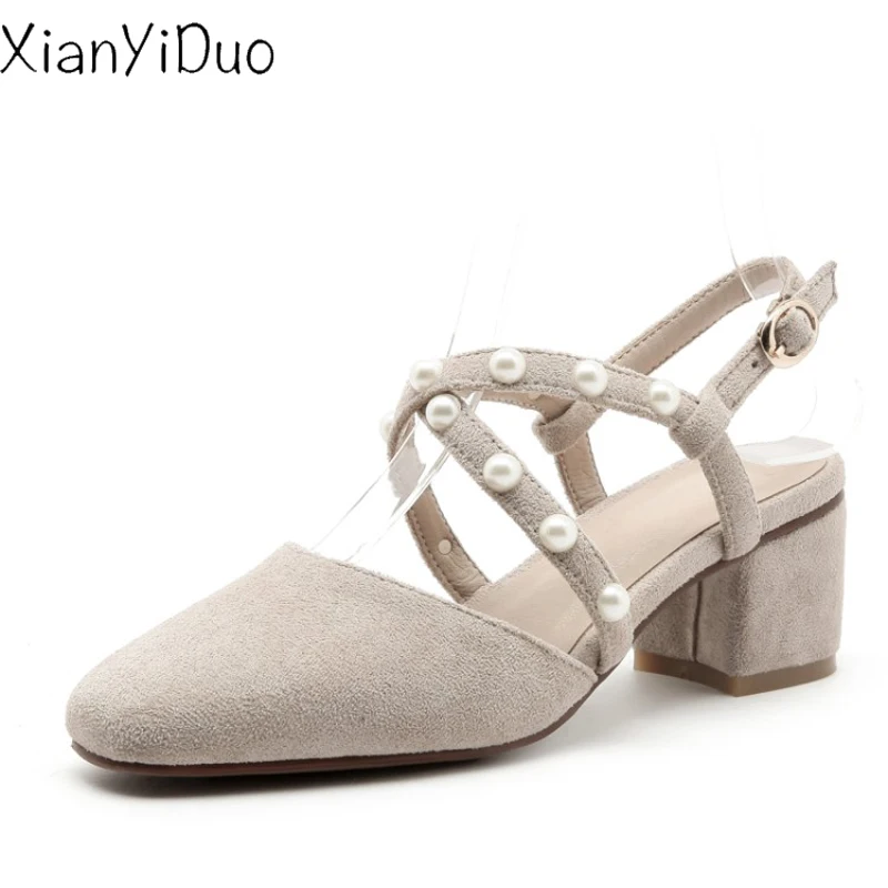Xianyiduo/Новинка лета 2019 женские босоножки из флока на высоком каблуке с закрытым