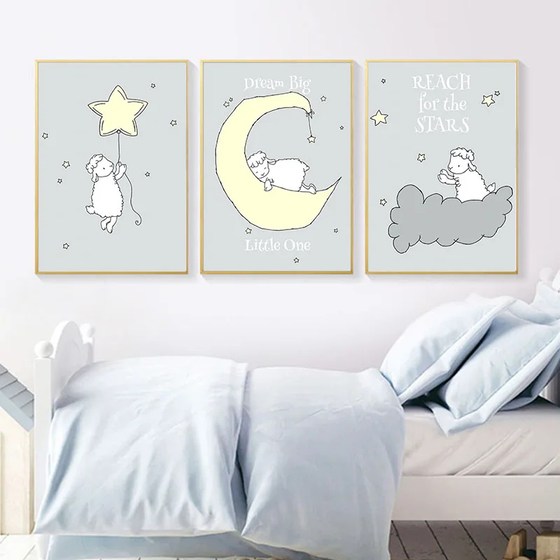 

Cartoon Lamb Canvas Poster Wall Art Nursery Print Painting Nordic Kids Moon and Star Pictures Children Boys Girls Bedroom Decor