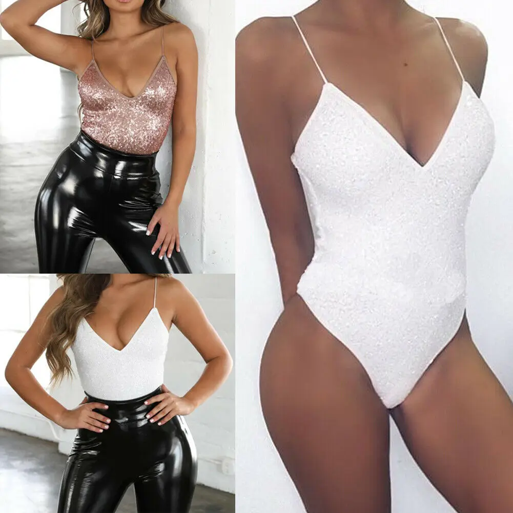 Сексуальный женский короткий Боди без рукавов модный стрейчевый Топ с блестками