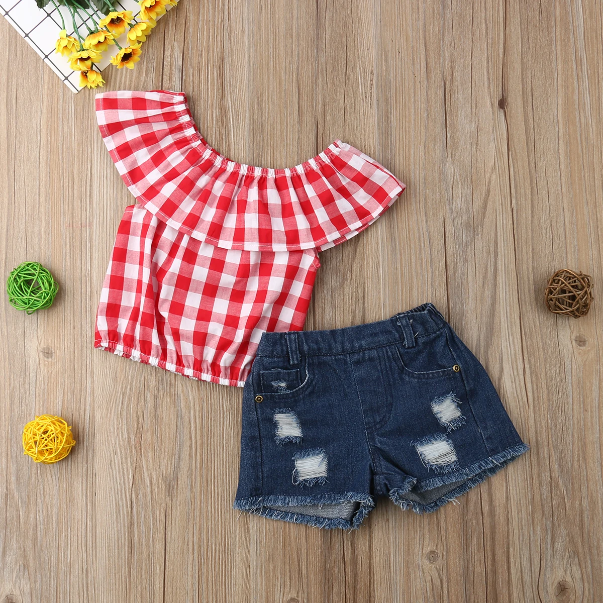 2019 новые модные клетчатые топы с открытыми плечами для девочек джинсовые шорты