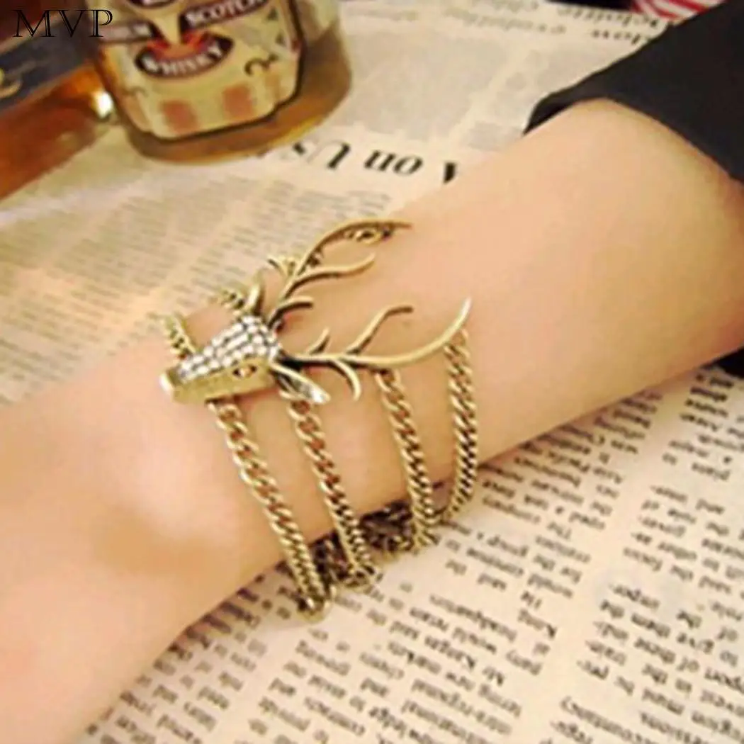 Women Fashion Deer Head Shape Multi Casual Link Chain Layers Cuff Crystal Bracelet Lobster Claw Clip Jewelry | Украшения и