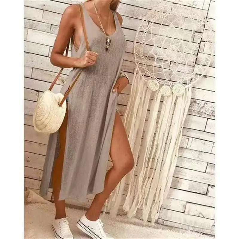 

Plus Size 5XL Women Dress Summer Beach Fashion Sleeveless Solid Tank Dresses Casual Side Spilt Ladies Vestidos SJ2083C