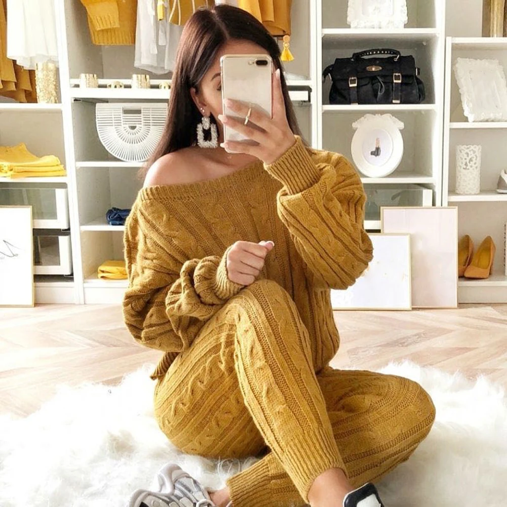 

New Autumn Cotton Tracksuit Women 2 Two Piece Set Sweater Top+Pants Knitted Suit O Neck Knit Set Women Outwear Two Piece Set
