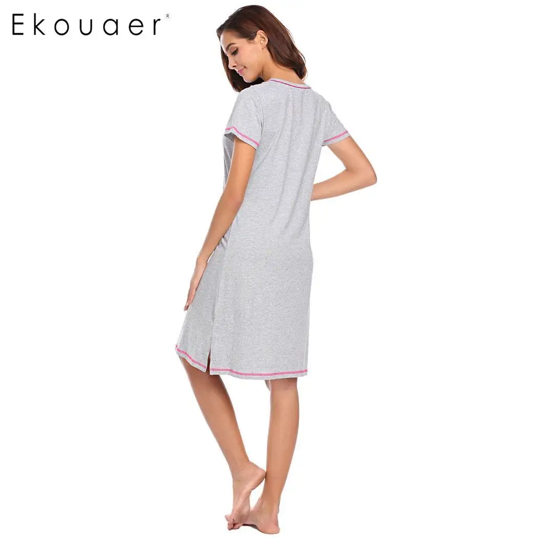 Ekouaer/Летняя хлопковая ночная рубашка с вышивкой Однотонная коротким рукавом и