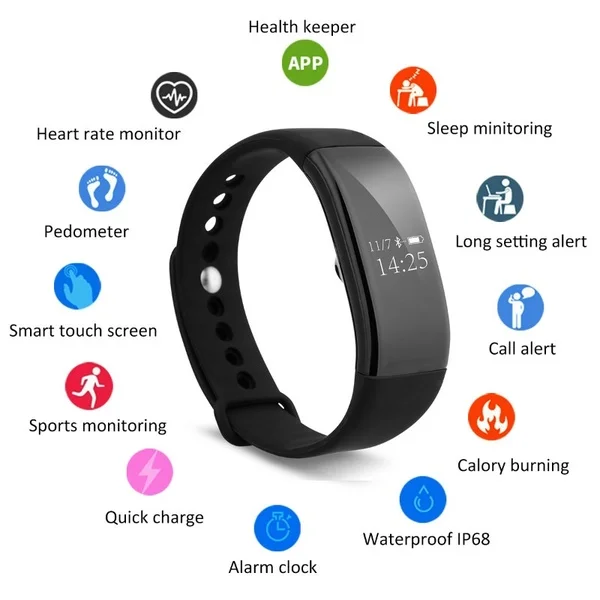 V66 Heart Rate Smart Bracelet Bluetooth 4.0 Pedometer Calorie Sleep Monitor Call/SMS Reminder Sedentary for Android I | Электроника