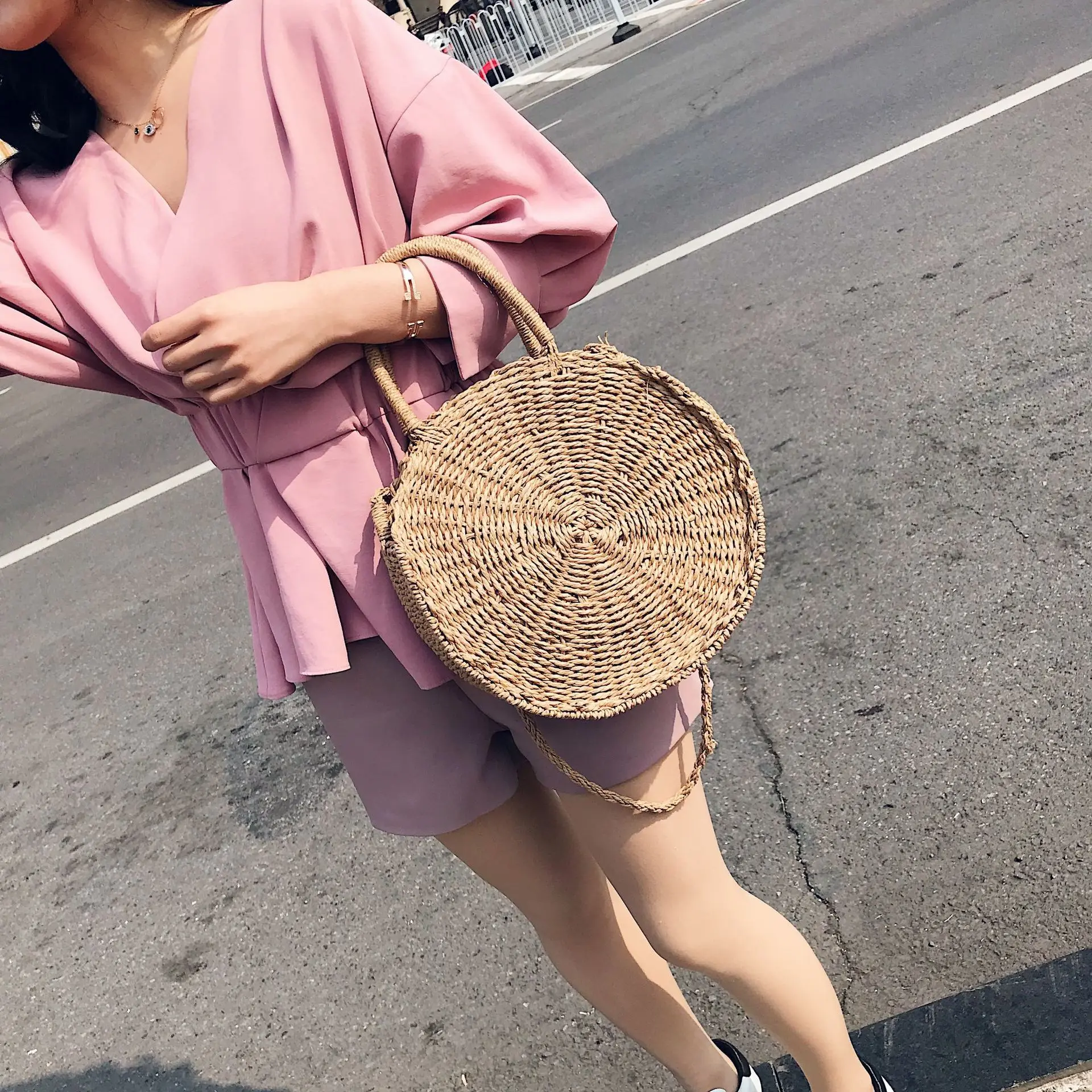 2019 летняя круглая женская Соломенная плетёная ротанговая пляжные Наплечные