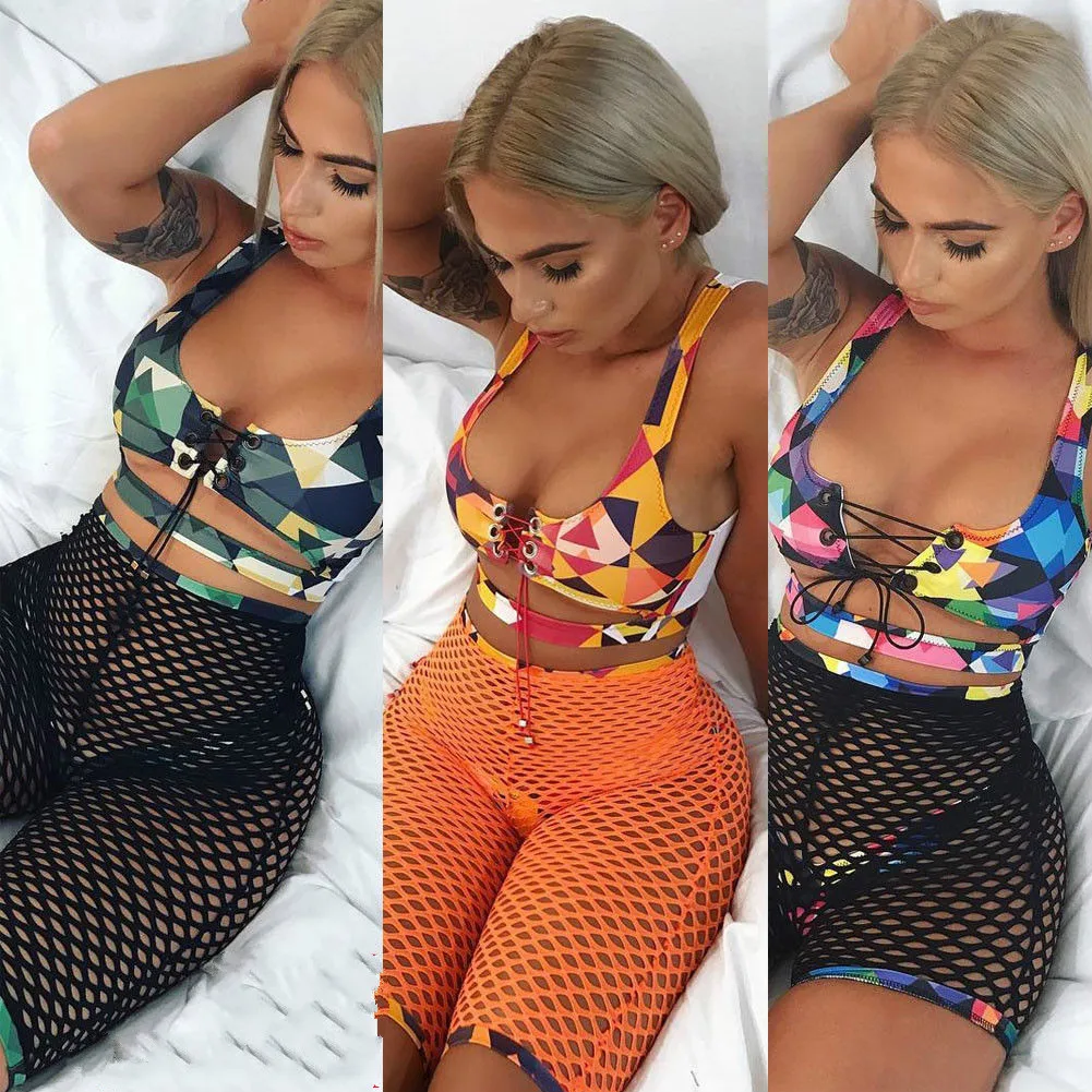 

Women Sexy Lace-up Bikini Set Push Up Bra+Fishnet Shorts+Bottoms Swimsuit 3Pcs Brazilian Swimsuit Sets
