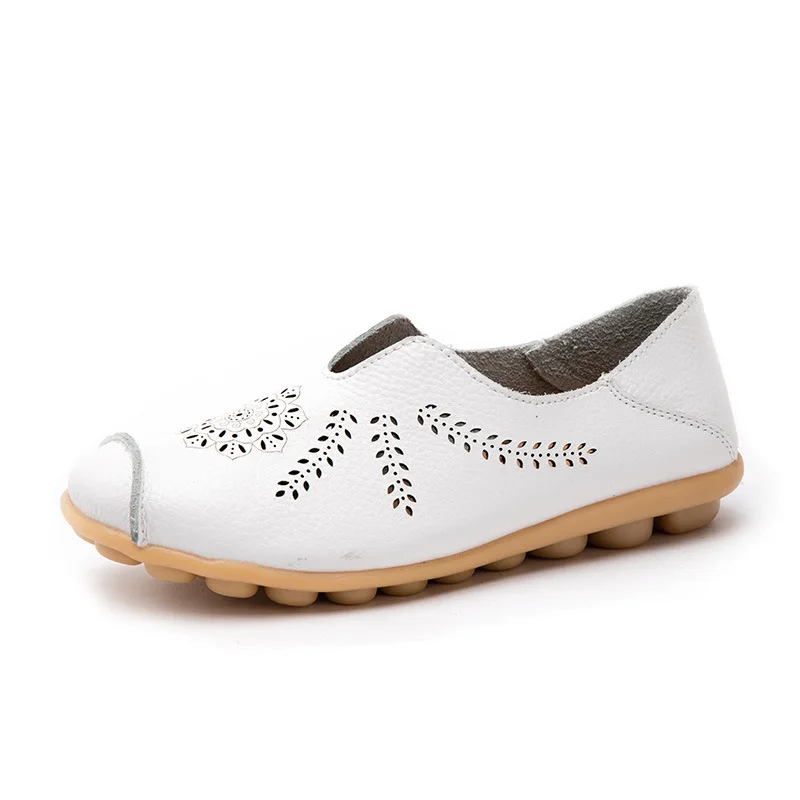 

Summer New Big Size Flats Solid Genuine Leather Sport Womens Shoes Round Toe Slip-On Non-slip Openwork Casual Female Shoes 35-44