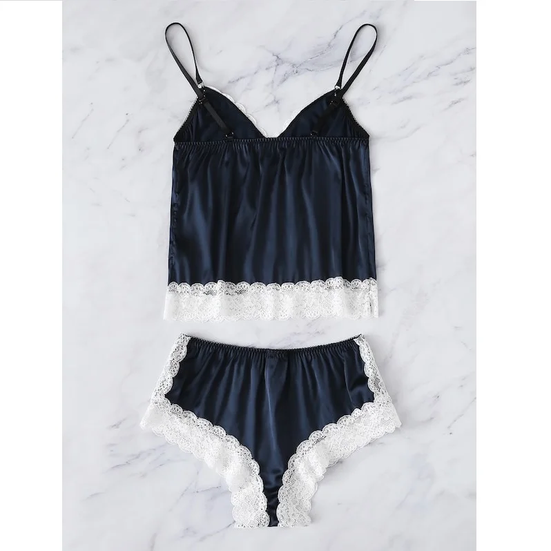 Женское атласное кружевное нижнее белье Babydoll темно синяя ночная рубашка