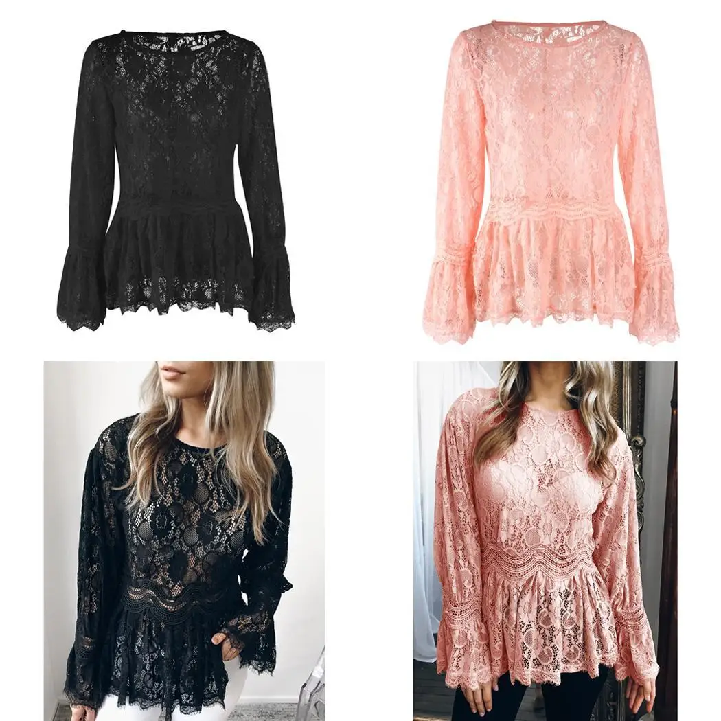 Women Casual Long Sleeve Floral O-neck Loose Pleated Pullover Lace Regular Summer Autumn Spring Tops |